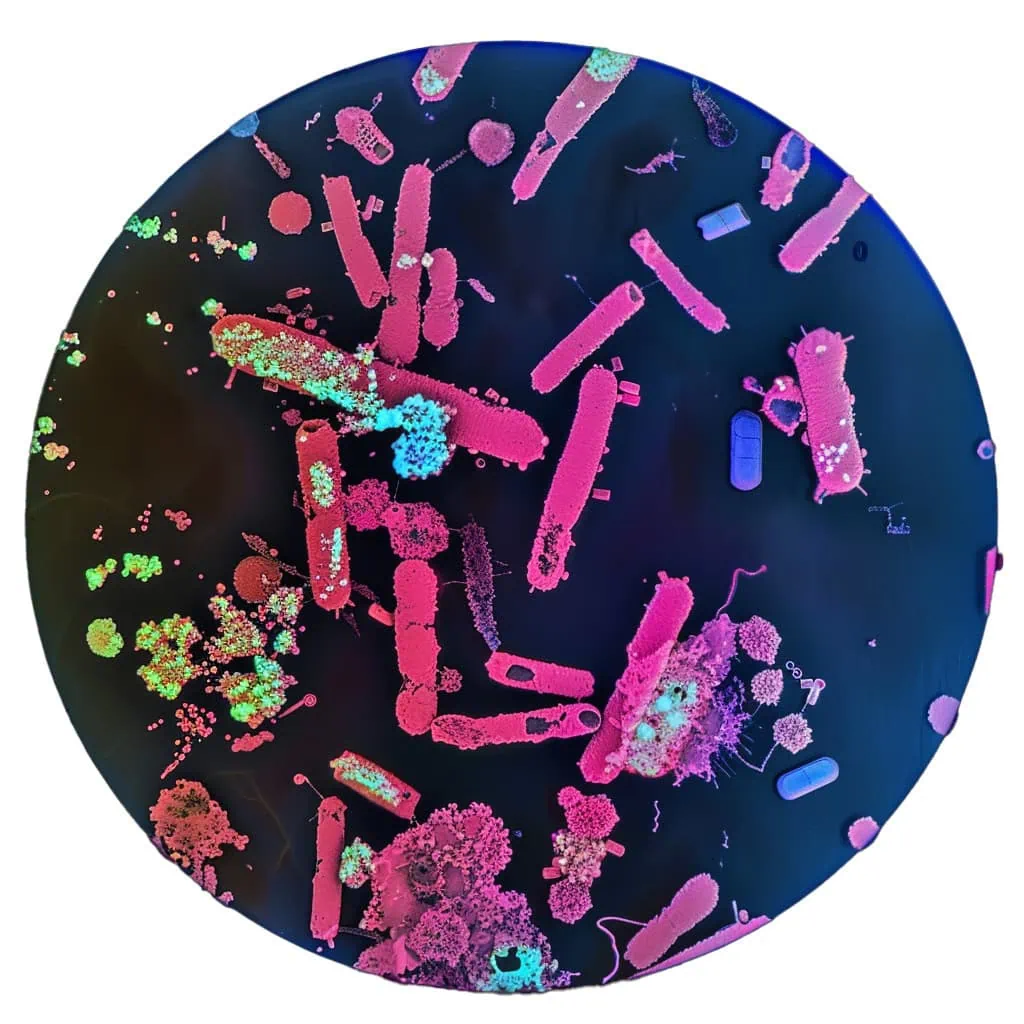 Microbiome With Good And Bad Bacteria Seen Through A Mic 3b5ba7df 0c79 4bbb 8a1d 445c9917bd1a